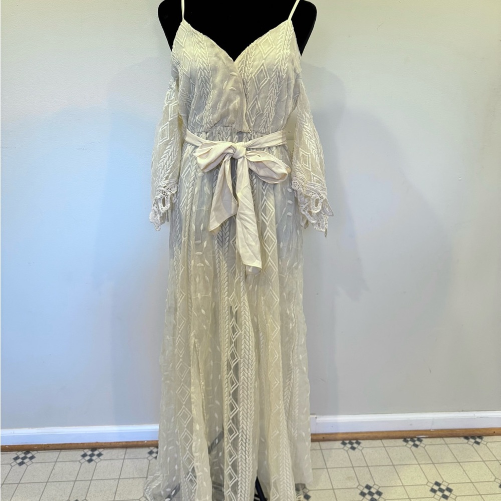 Champagne & Strawberry Elegant Lace Maxi Dress with Bow Off Shoulder